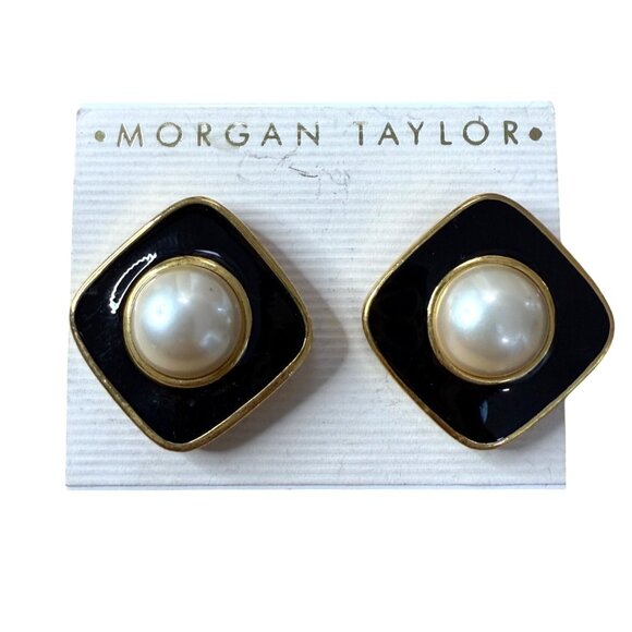 Morgan Taylor Gold-Tone Black Enamel & Faux Pearl Square Pierced Earrings Made I - Picture 1 of 6